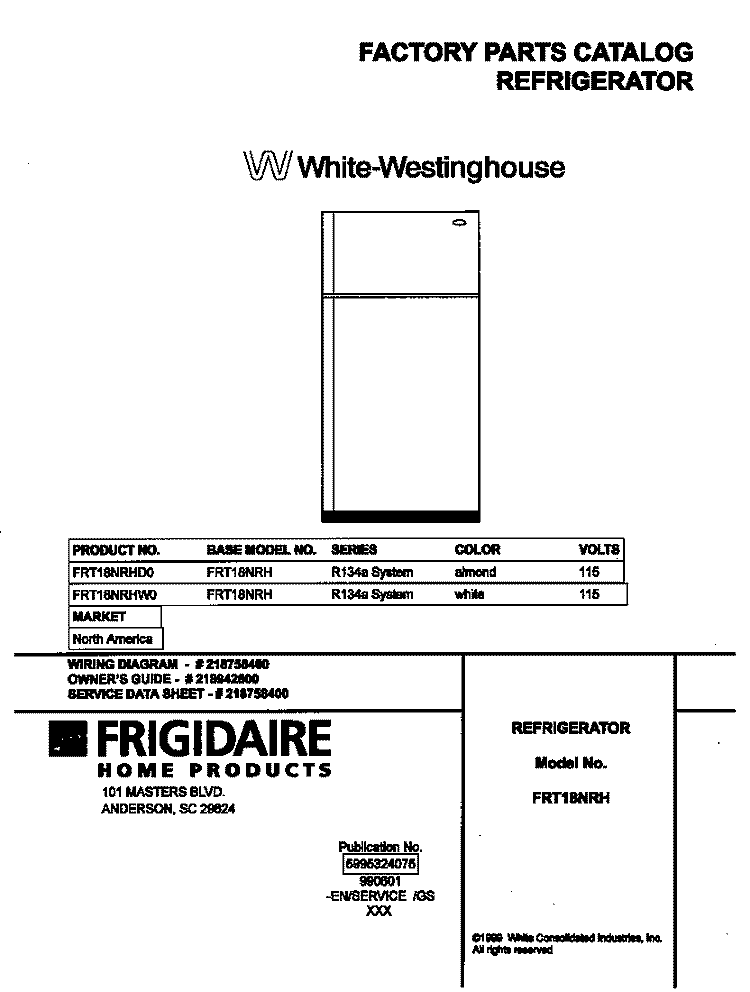 COVER Diagram and Parts List for FRT18NRHD0  Frigidaire Refrigerator