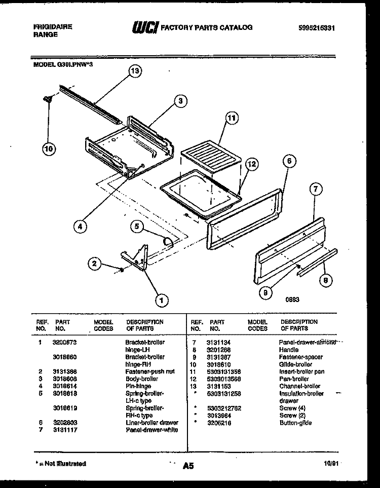 BROILER DRAWER PARTS Diagram and Parts List for G30LPNL3  Frigidaire Range
