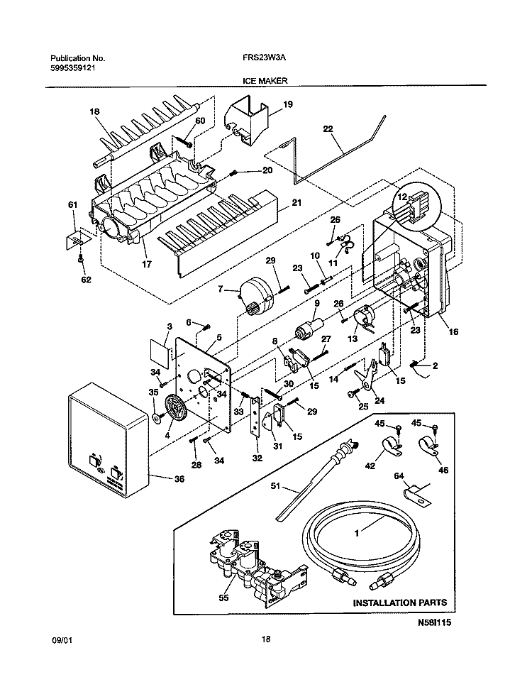 ICE MAKER Diagram and Parts List for FRS23W3AW2  Frigidaire Refrigerator