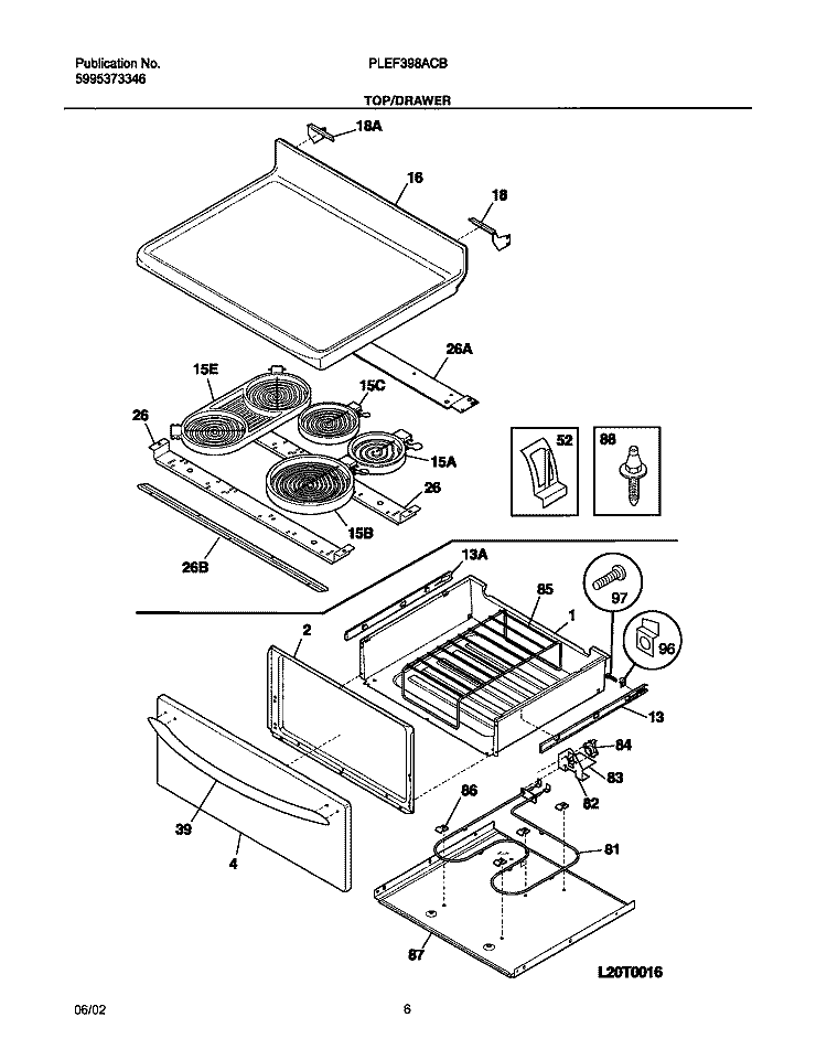 TOP / DRAWER Diagram and Parts List for PLEF398ACB  Frigidaire Range