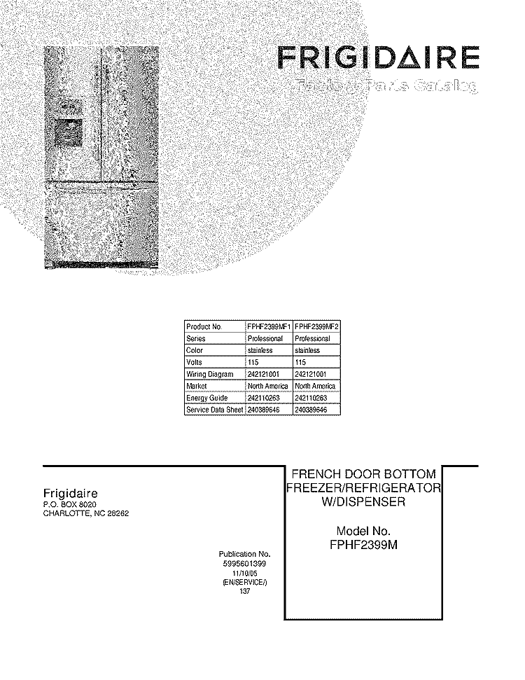 COVER Diagram and Parts List for FPHF2399MF1  Frigidaire Refrigerator