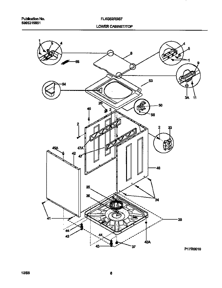 LOWER CABINET / TOP Diagram and Parts List for FLXG52RBS7  Frigidaire Washer Dryer Combo