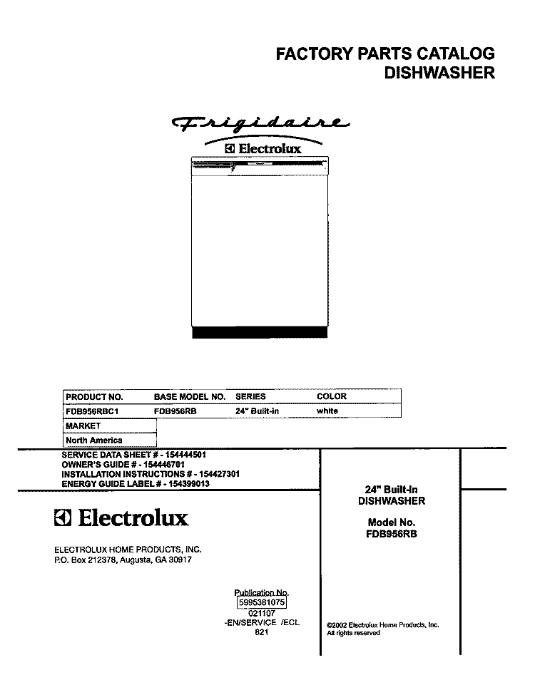 COVER Diagram and Parts List for FDB956RBC1  Frigidaire Dishwasher