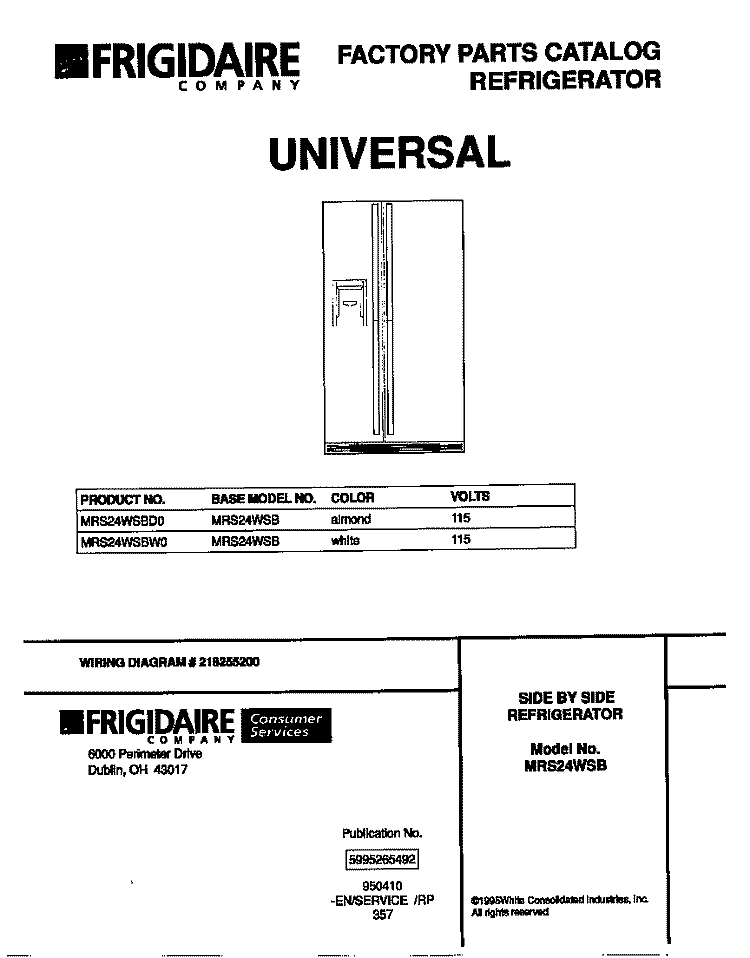 COVER Diagram and Parts List for MRS24WSBW0  Frigidaire Refrigerator