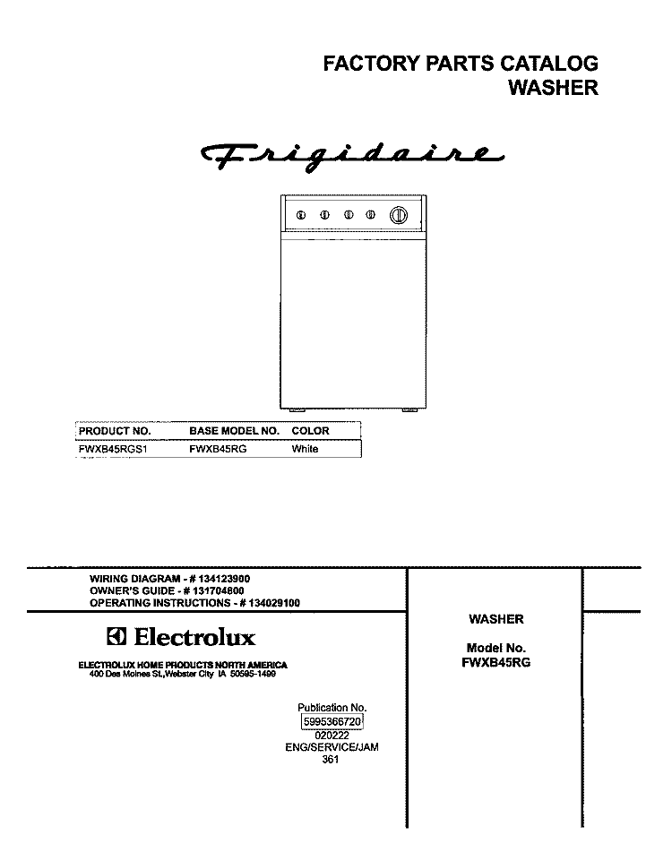 COVER Diagram and Parts List for FWXB45RGS1  Frigidaire Washer