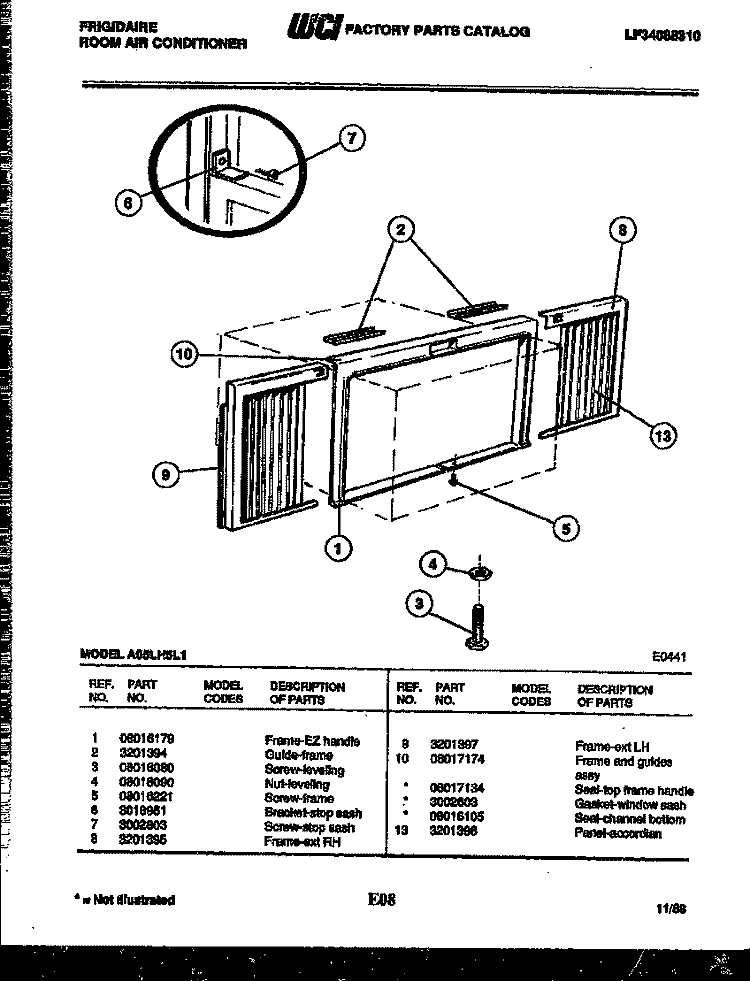 WINDOW MOUNTING PARTS Diagram and Parts List for A05LH5L1  Frigidaire Air Conditioner