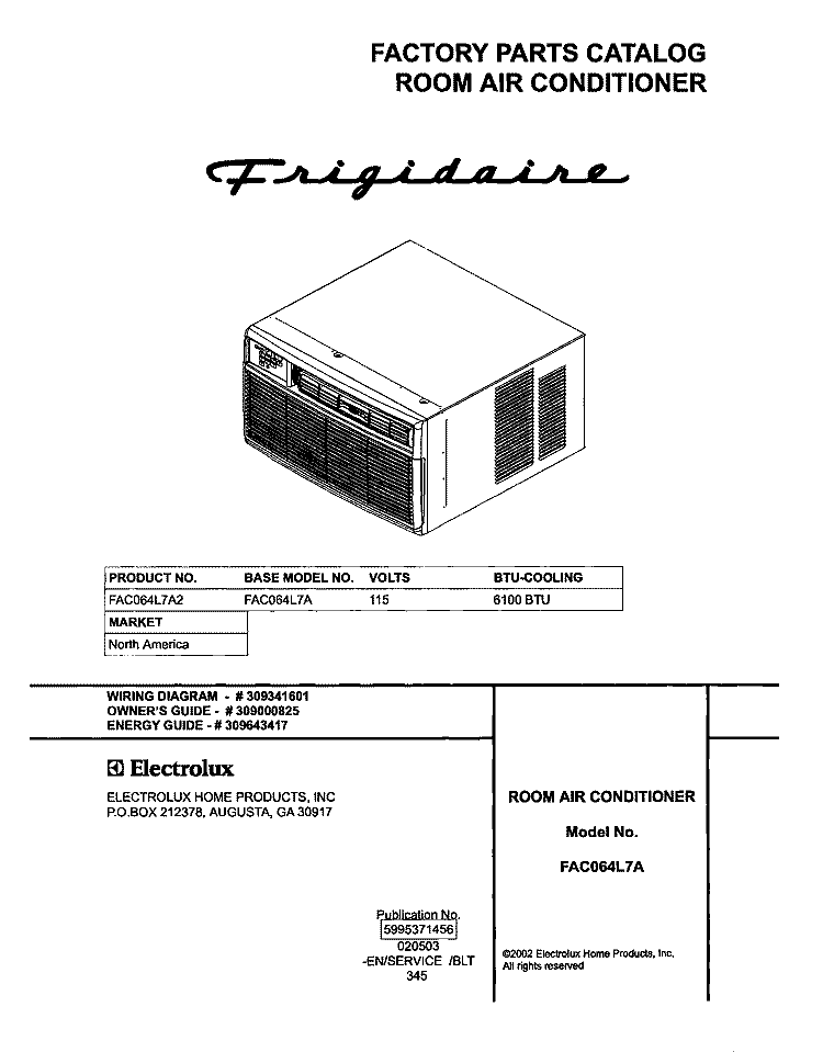 COVER Diagram and Parts List for FAC064L7A2  Frigidaire Air Conditioner
