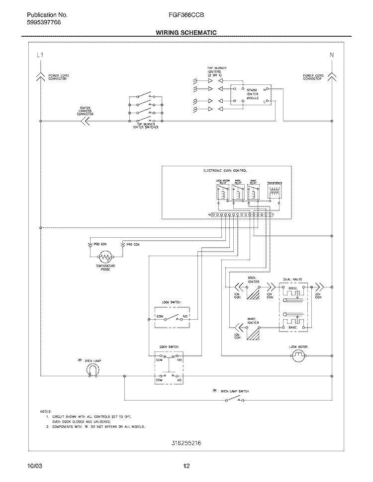 WIRING SCHEMATIC Diagram and Parts List for FGF366CCB  Frigidaire Range