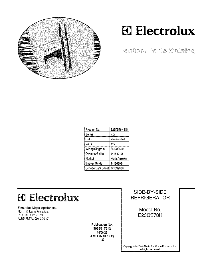 COVER Diagram and Parts List for E23CS78HSS1  Electrolux Refrigerator