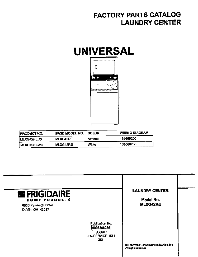 COVER Diagram and Parts List for MLXG42RED3  Frigidaire Washer Dryer Combo
