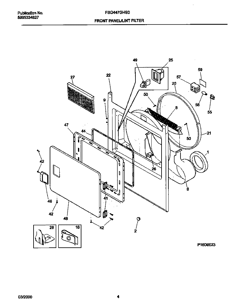 P16D0023 FRNT PNL, DOOR Diagram and Parts List for FSG447GHS0  Frigidaire Dryer