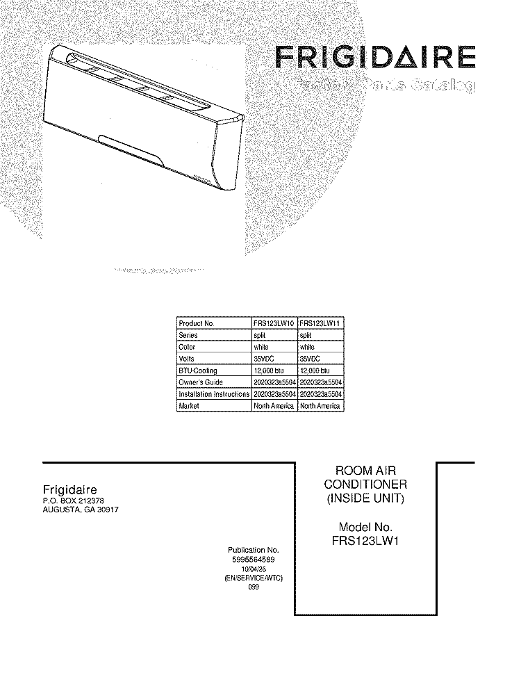 COVER Diagram and Parts List for FRS123LW11  Frigidaire Air Conditioner