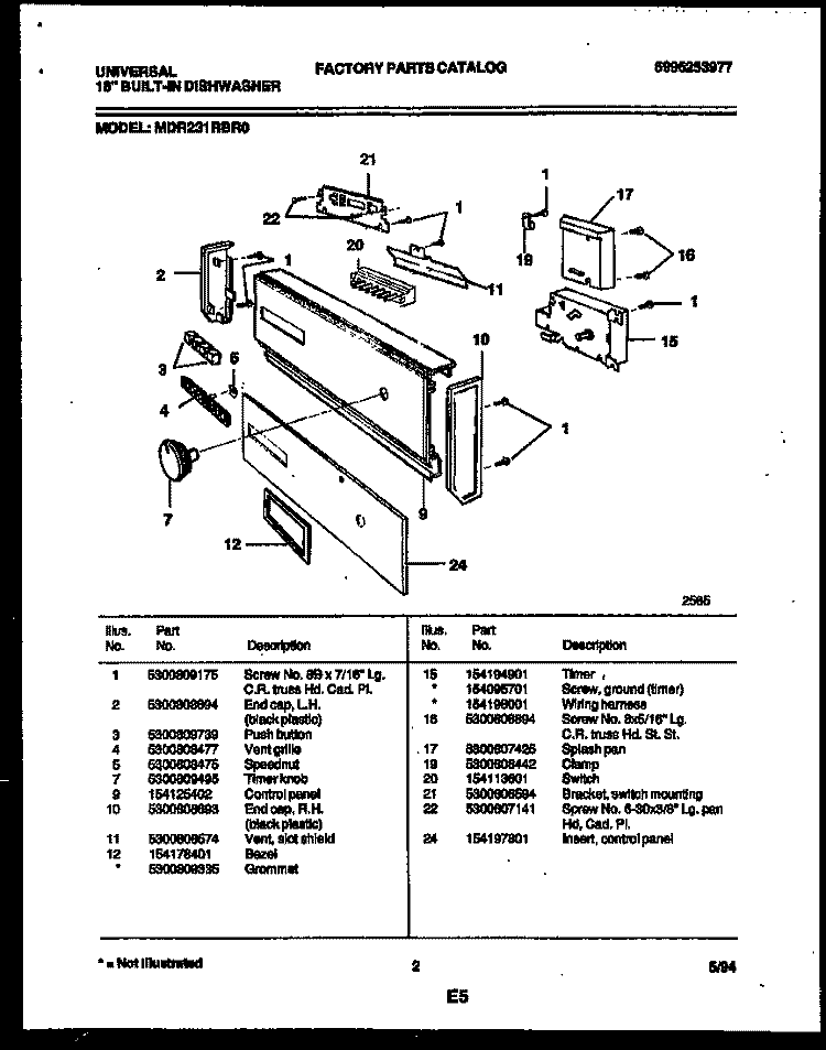 CONSOLE AND CONTROL PARTS Diagram and Parts List for MDR231RBR0  Frigidaire Dishwasher