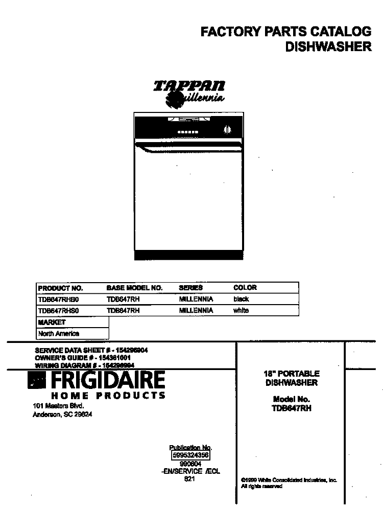COVER Diagram and Parts List for TDB647RHB0  Tappan Dishwasher