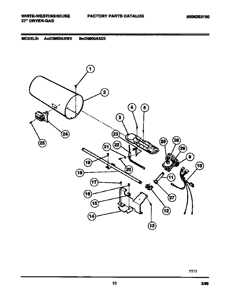 GAS VALVE, BURNER ASSEMBLY, SENSOR Diagram and Parts List for DG800AXD3  Frigidaire Dryer