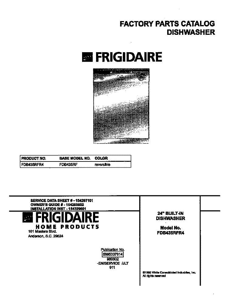 COVER Diagram and Parts List for FDB435RFR4  Frigidaire Dishwasher