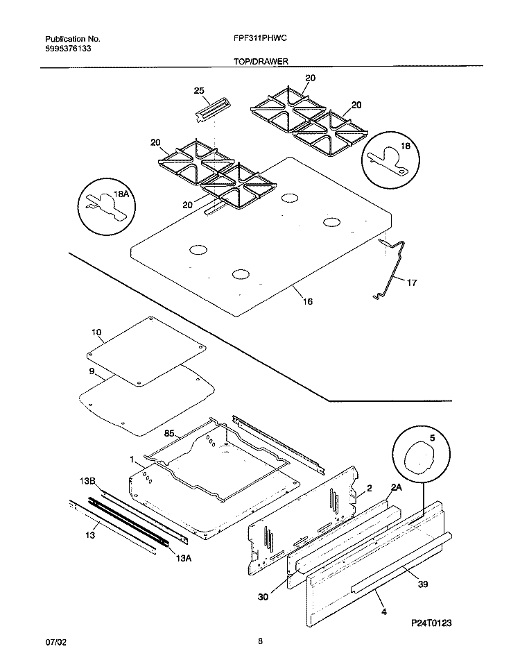 TOP / DRAWER Diagram and Parts List for FPF311PHWC  Frigidaire Range