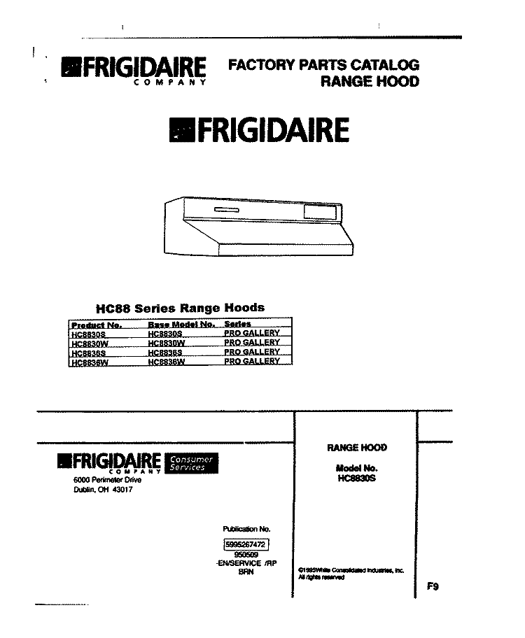 COVER Diagram and Parts List for HC8830S  Frigidaire Range Hood