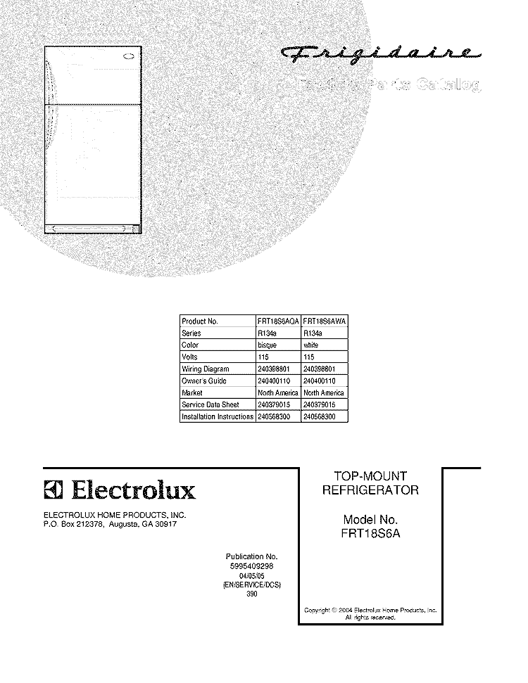 COVER Diagram and Parts List for FRT18S6AQA  Frigidaire Refrigerator