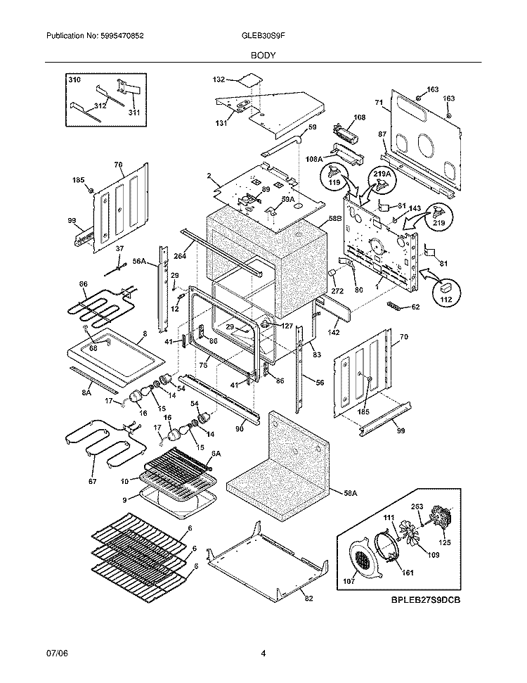 BODY Diagram and Parts List for GLEB30S9FQA  Frigidaire Wall Oven