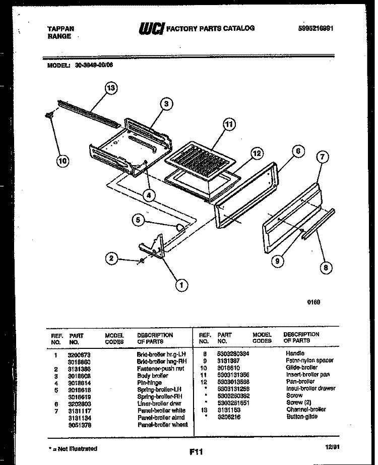 BROILER DRAWER PARTS Diagram and Parts List for 30-3649-66-06  Tappan Range
