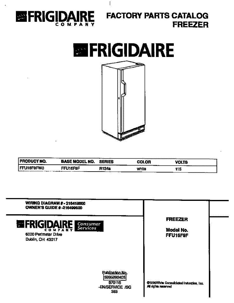 COVER Diagram and Parts List for FFU16F9FW0  Frigidaire Freezer