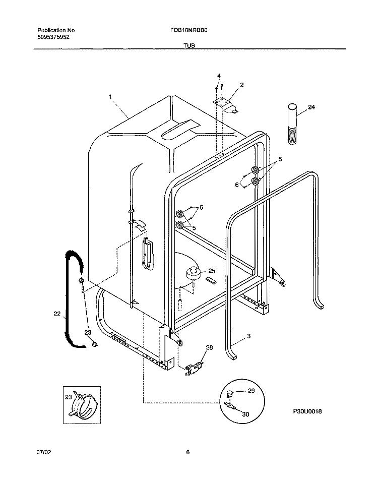TUB Diagram and Parts List for FDB10NRBB0  Frigidaire Dishwasher
