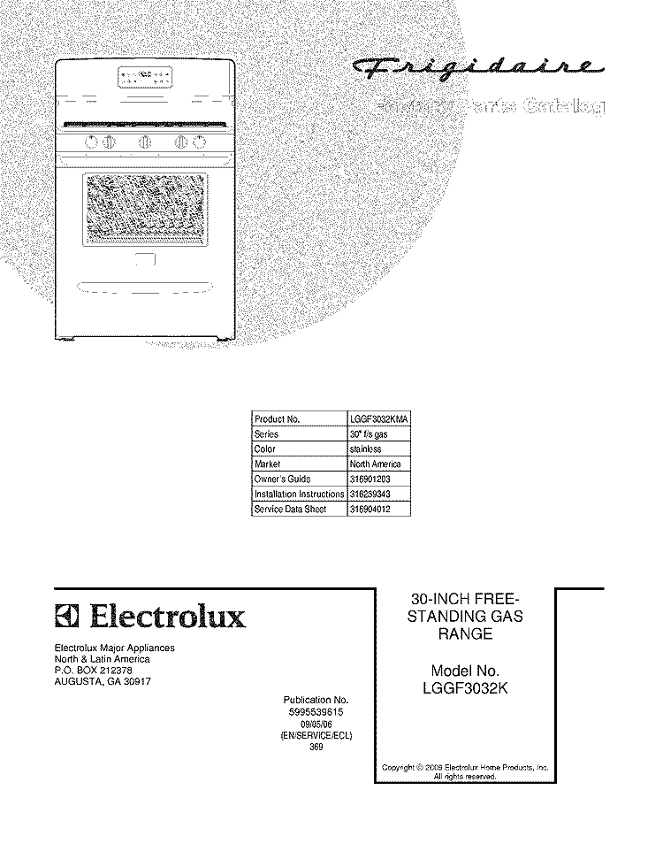 COVER Diagram and Parts List for LGGF3032KMA  Frigidaire Range