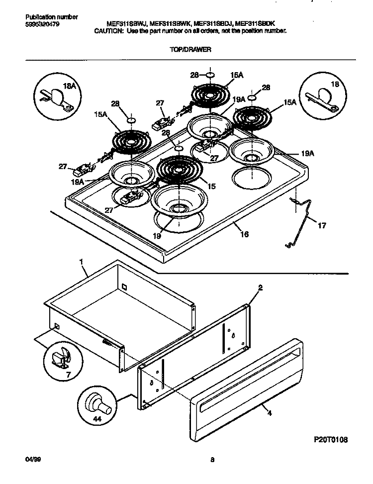 TOP / DRAWER Diagram and Parts List for MEF311SBDJ  Frigidaire Range