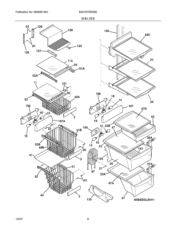 SHELVES Diagram and Parts List for E23CS75DSSE  Electrolux Refrigerator