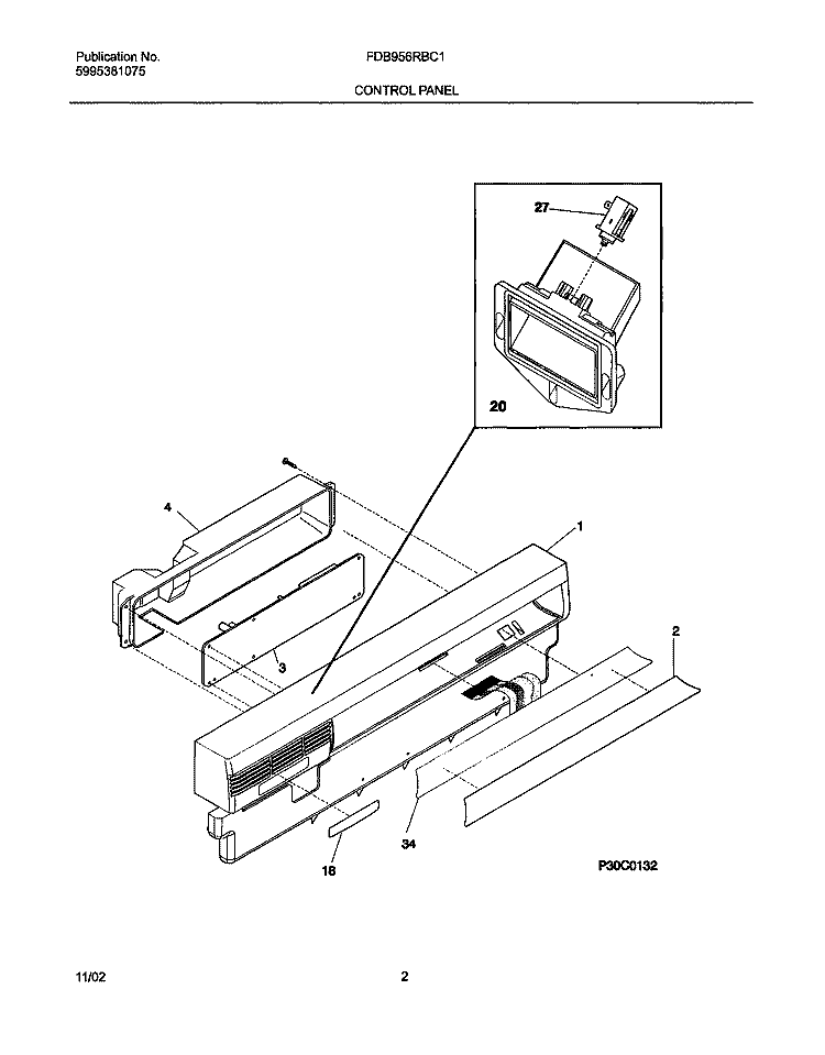 CONTROL PANEL Diagram and Parts List for FDB956RBC1  Frigidaire Dishwasher