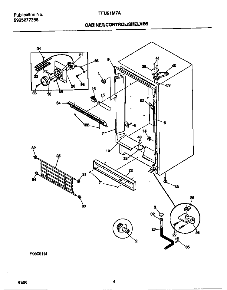 CABINET / CONTROL / SHELVES Diagram and Parts List for TFU21M7AW4  Tappan Freezer