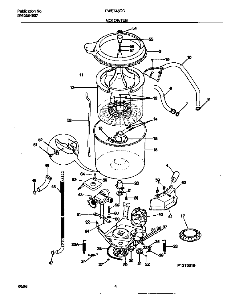 MOTOR / TUB Diagram and Parts List for FWS745GCS2  Frigidaire Washer