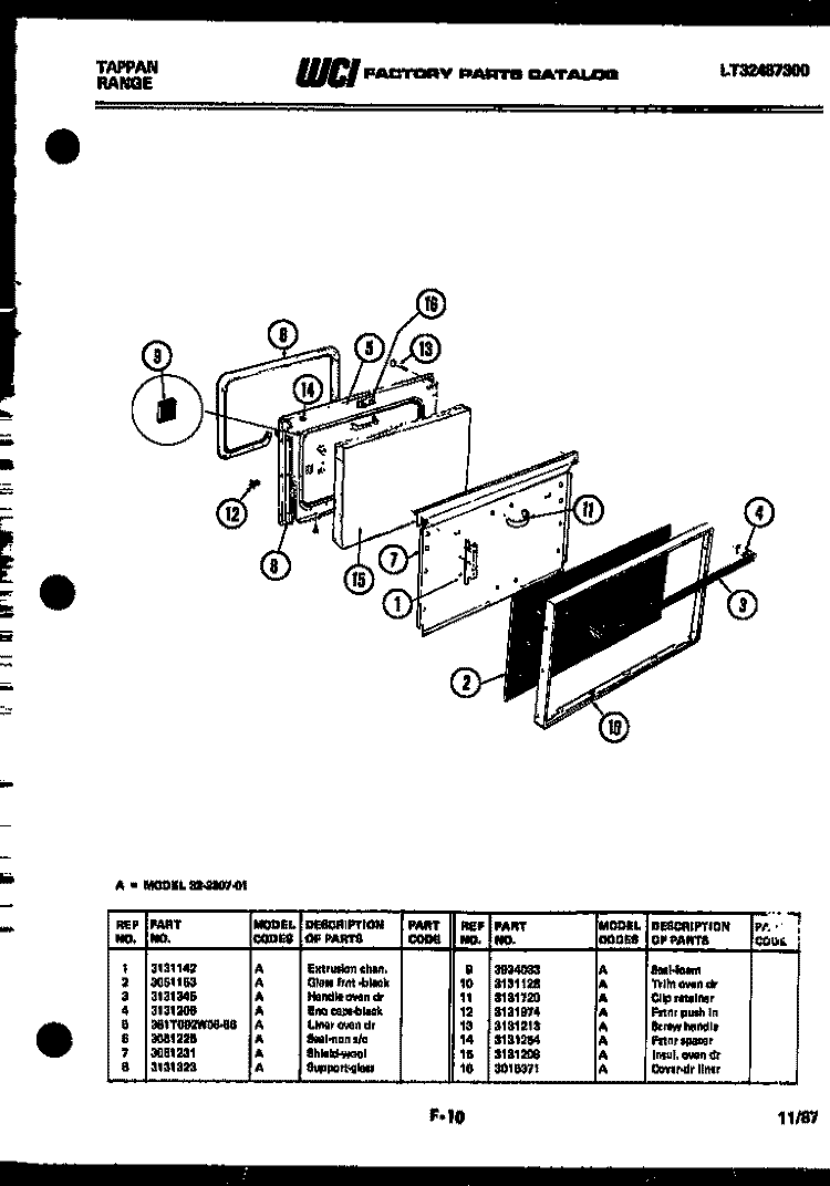DOOR PARTS Diagram and Parts List for 32-2207-23-01  Tappan Range