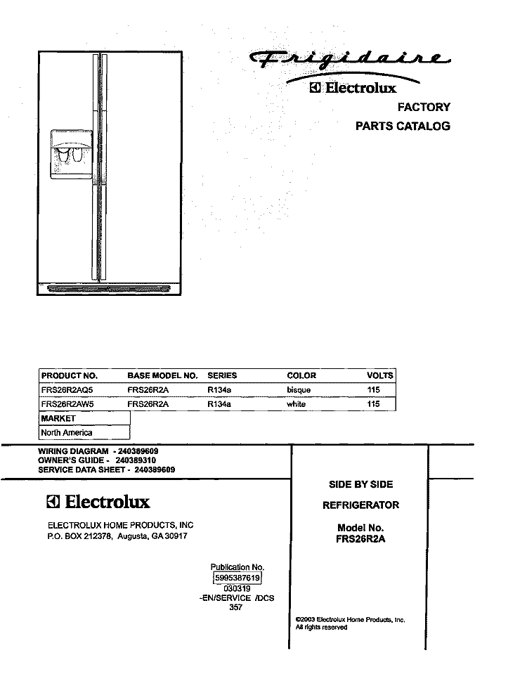 COVER Diagram and Parts List for FRS26R2AW5  Frigidaire Refrigerator