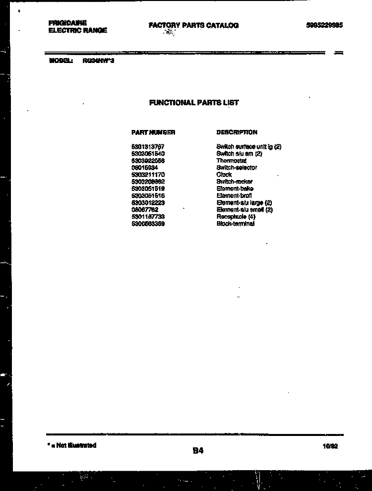 DRAWER PARTS Diagram and Parts List for RG34NL3  Frigidaire Range