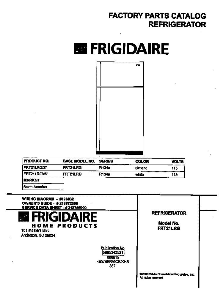 COVER Diagram and Parts List for FRT21LRGW7  Frigidaire Refrigerator