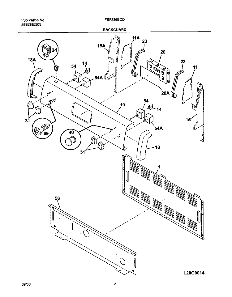 BACKGUARD Diagram and Parts List for FEF336BCD  Frigidaire Range
