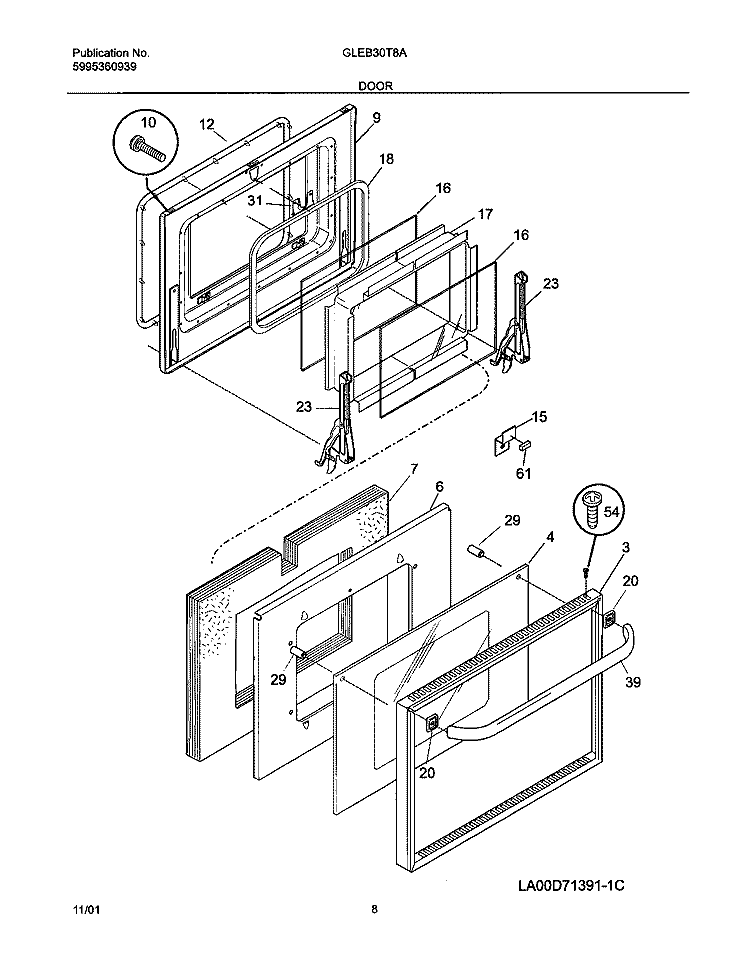 DOORS Diagram and Parts List for GLEB30T8ABA  Frigidaire Wall Oven