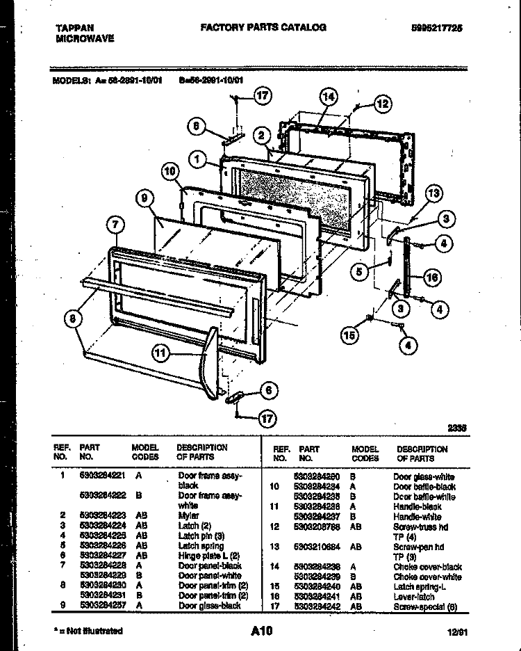 DOOR PARTS Diagram and Parts List for 56-2991-10-01  Tappan Microwave