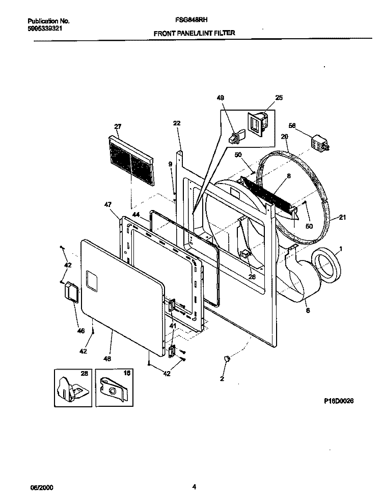 FRNT PNL, DOOR Diagram and Parts List for FSG848RHS0  Frigidaire Dryer