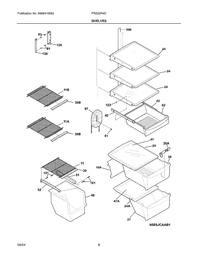SHELVES Diagram and Parts List for FRS23R4CB5  Frigidaire Refrigerator