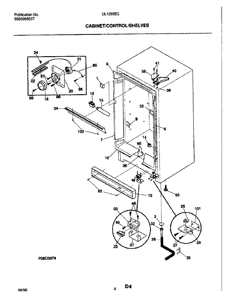 CABINET / CONTROL / SHELVES Diagram and Parts List for UL1293ECW7  Electrolux Freezer