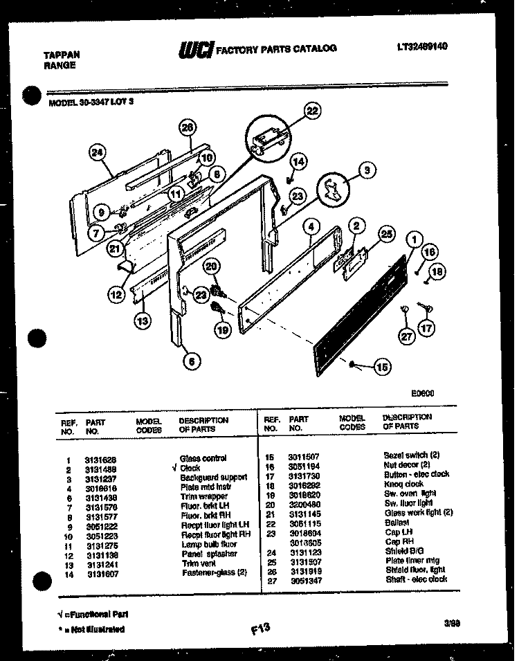 BACKGUARD Diagram and Parts List for 30-3347-00-03  Tappan Range