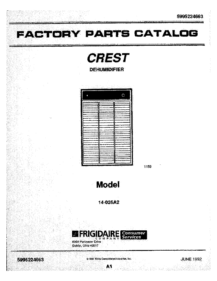 COVER Diagram and Parts List for 14-025A2  Frigidaire Dehumidifier