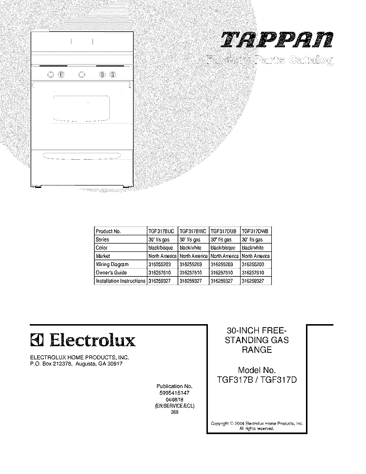 COVER Diagram and Parts List for TGF317BWC  Tappan Range