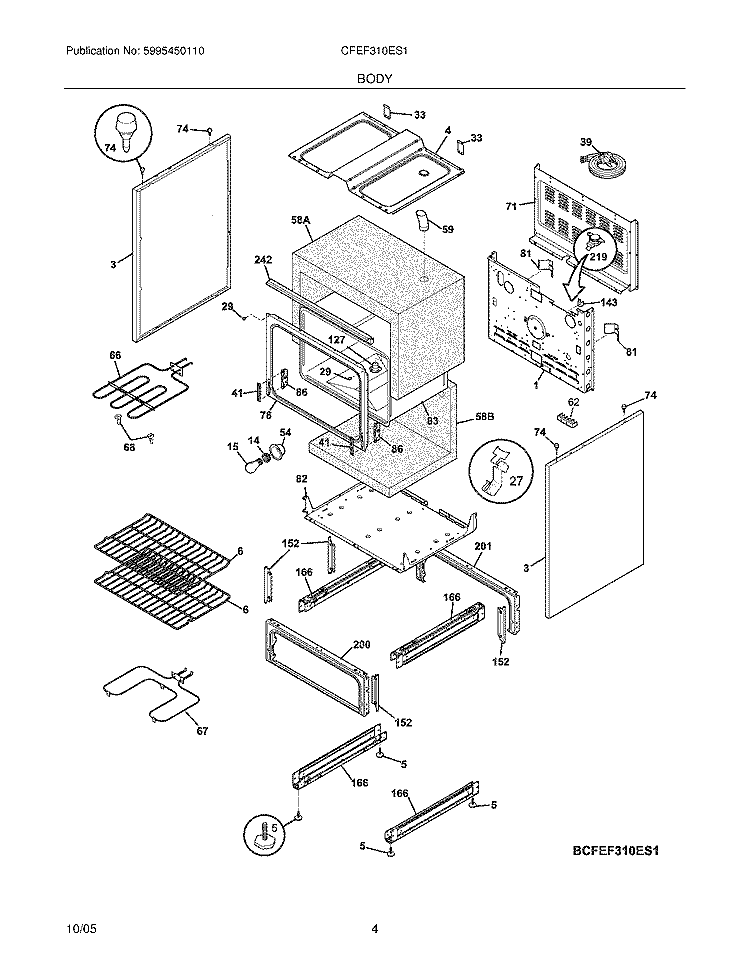 BODY Diagram and Parts List for CFEF310ES1  Frigidaire Range