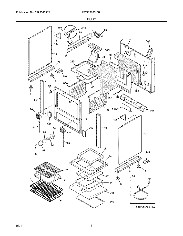 BODY Diagram and Parts List for FPGF3685LSA  Frigidaire Range