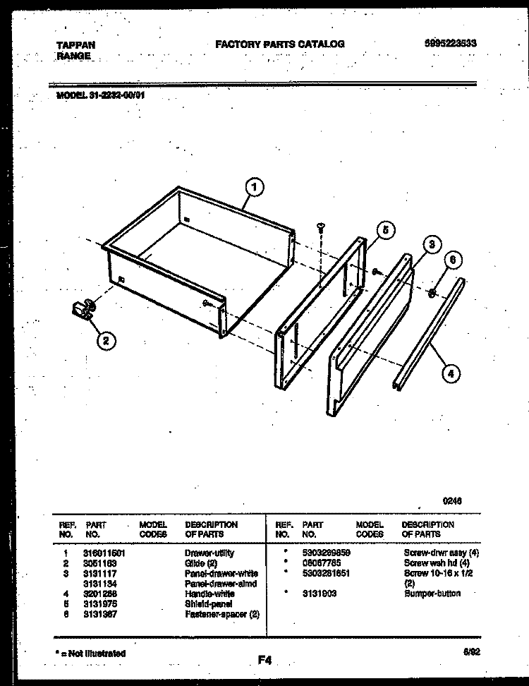 DRAWER PARTS Diagram and Parts List for 31-2232-00-01  Tappan Range