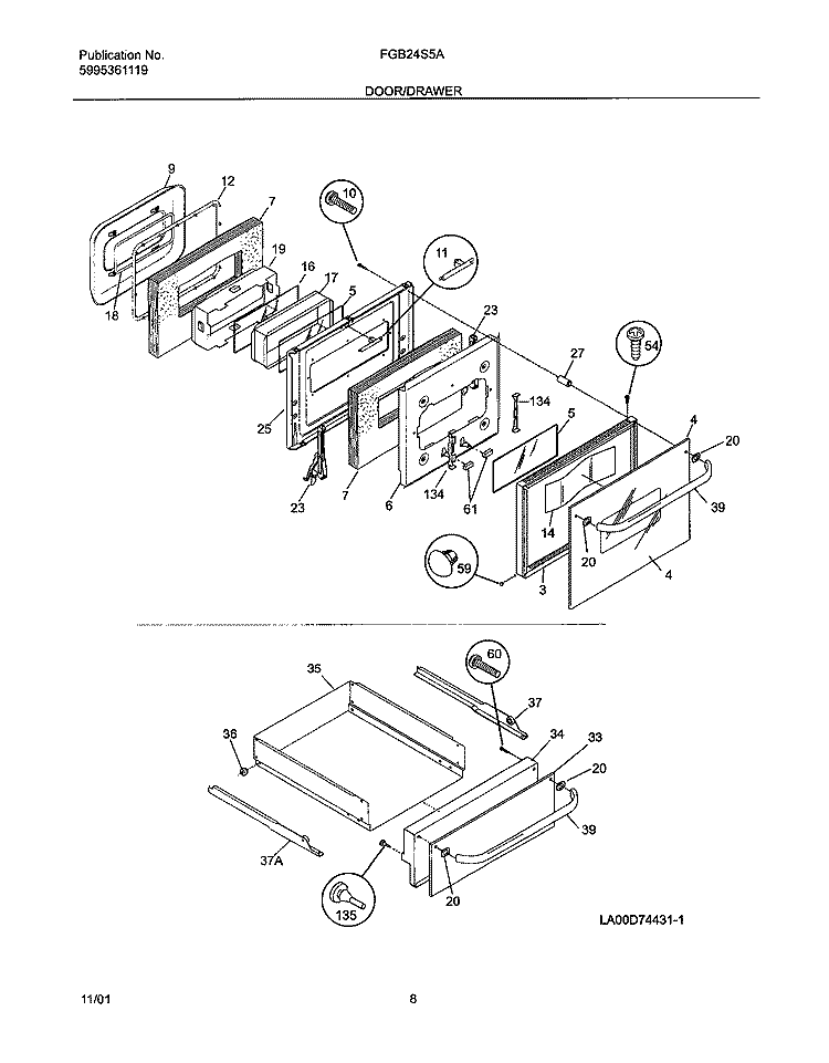 DOOR / DRAWER Diagram and Parts List for FGB24S5ABA  Frigidaire Wall Oven